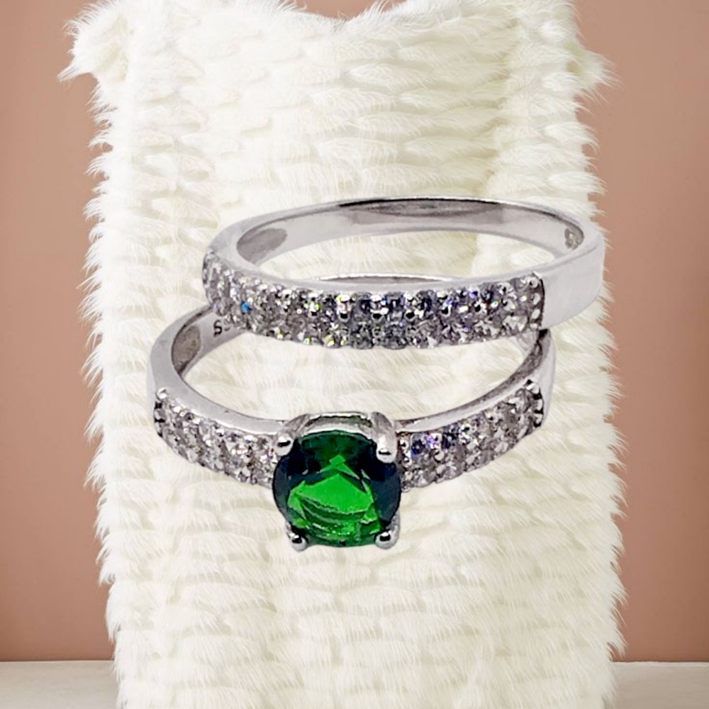 Emerald & Diamond Engagement Sterling Silver Ring Set